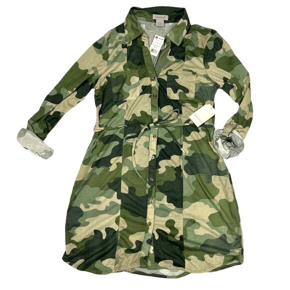 Passport Tunic Shirt Dress Green Camo Print Roll Tab Sleeve NEW Women Juniors L‎ - Picture 1 of 9
